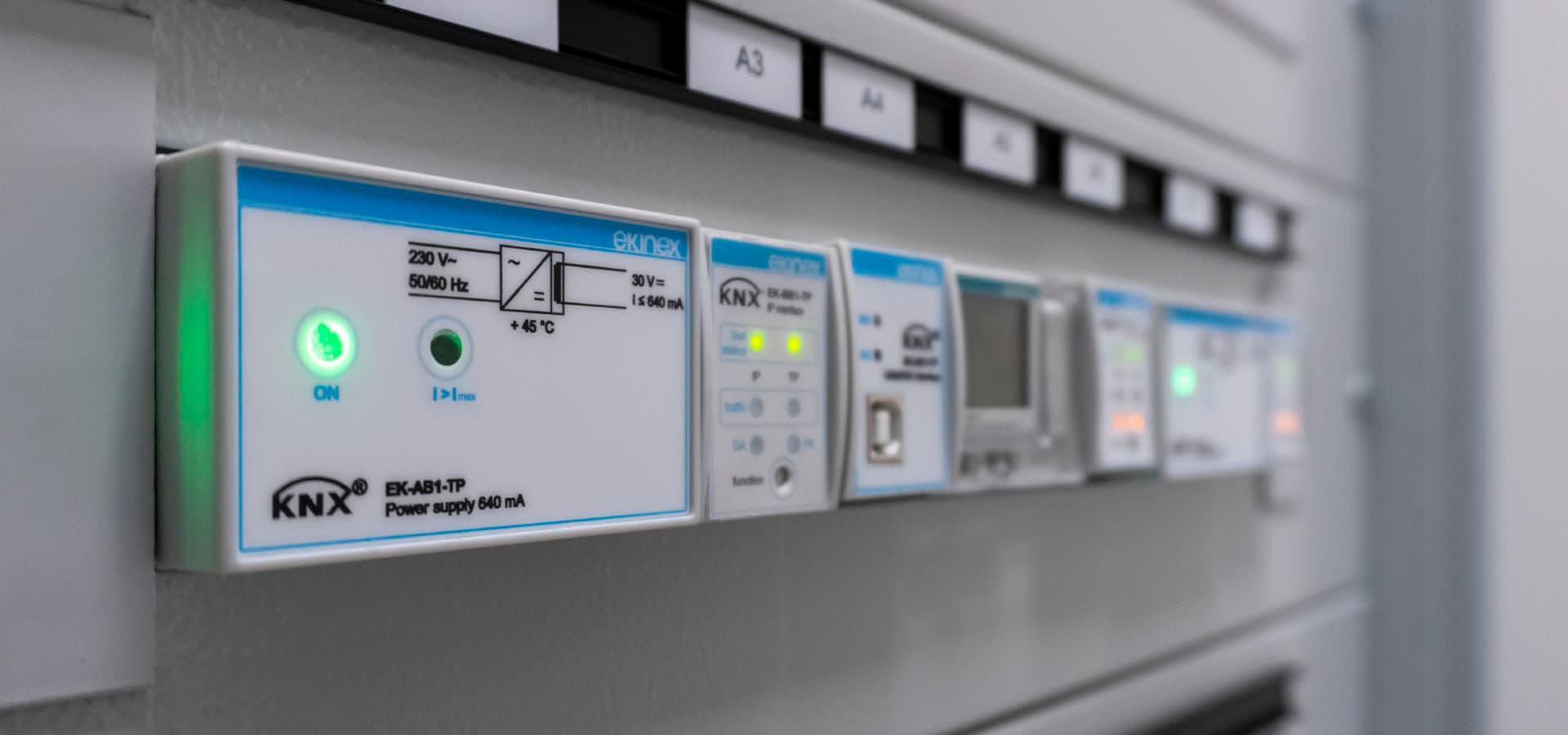 KNX components on DIN rail inside the distribution board. The engine that drives every wall device on the bus.